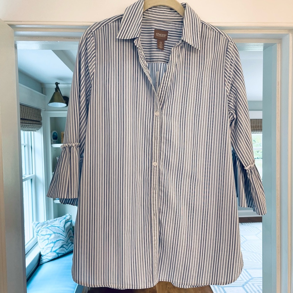 CHICO’S Blue/Indigo/White Marin Stripe Shirt Blouse 3/4 Ruffle Sleeve Sz 0=6 NWT